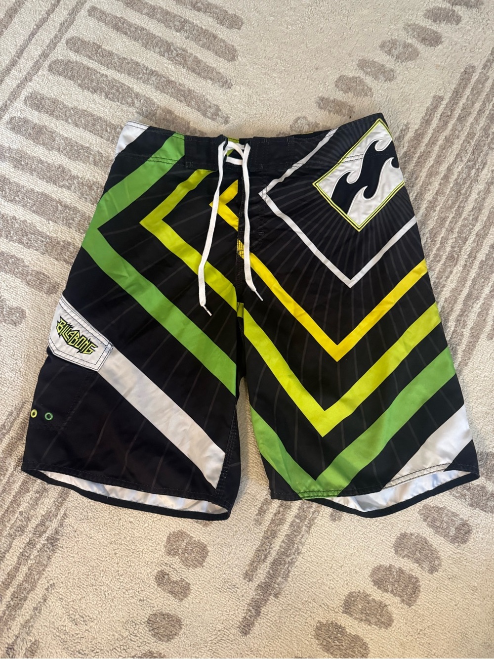 Y2K Billabong Men’s Black, Green & Yellow Chevron Boardshorts